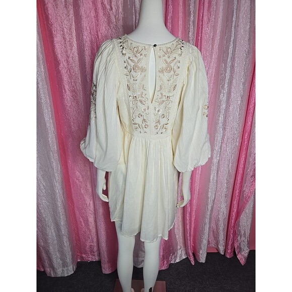 Anthropologie Mahalia Bohemian Floral Embroidered Cream Mini Dress Size Small - Picture 10 of 16